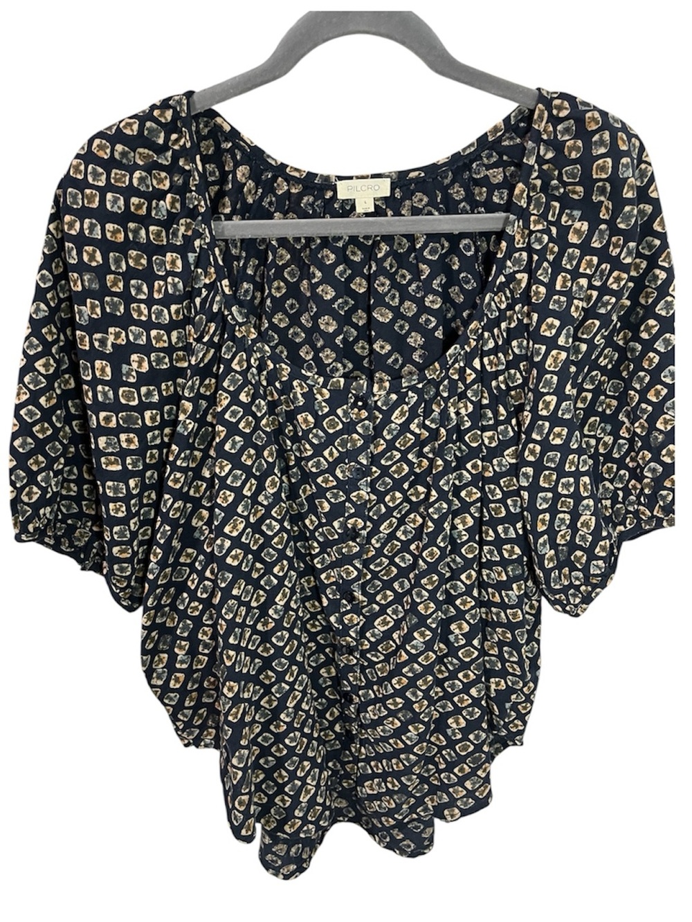 Anthropologie Pilcro Aly Indigo Geometric Puff Sleeve Button down Blouse Large